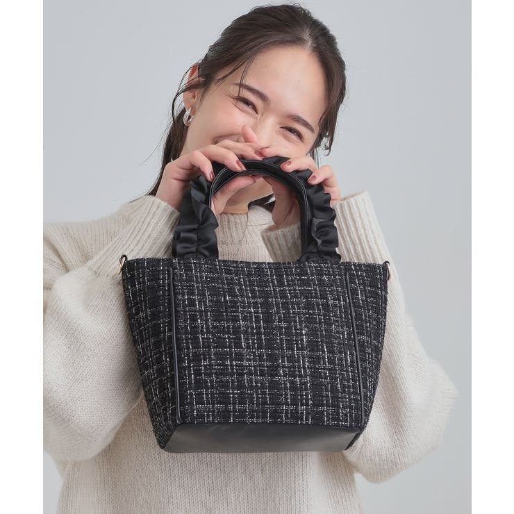 ブラック(019) | フリルハンドルツイードトートバッグ | SHOO・LA・RUE