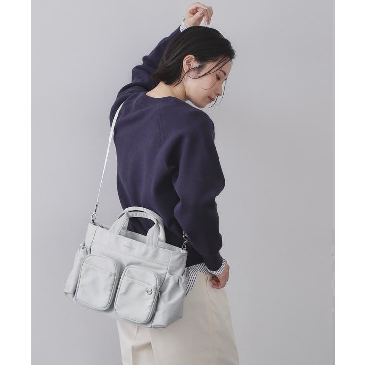 グレー(012) | フロントWポケット3層デザインミドルトートバッグ【2WAY／マルチポケット】 | OPAQUE.CLIP