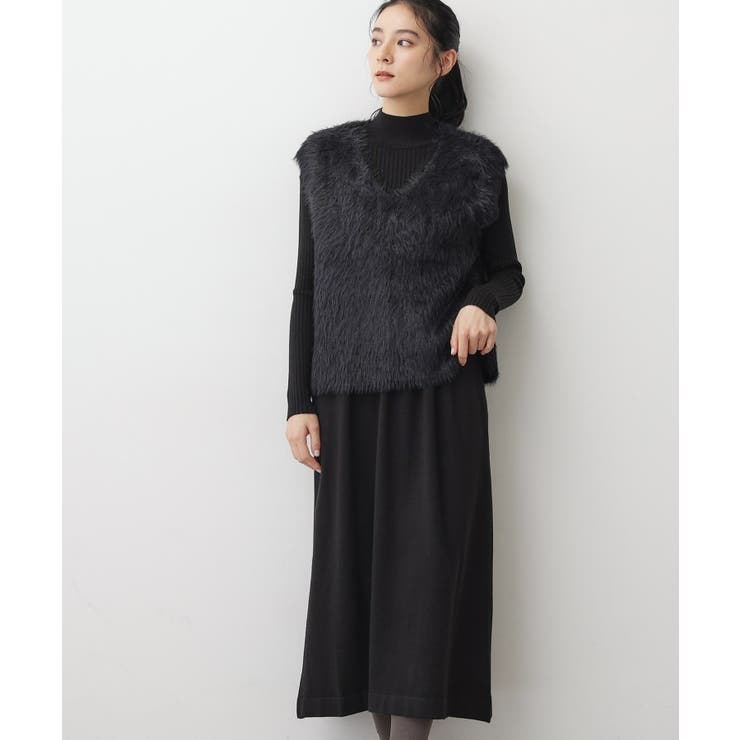 ブラック(019) | 【2点セット・洗える】シャギーベストニットワンピース | Dessin