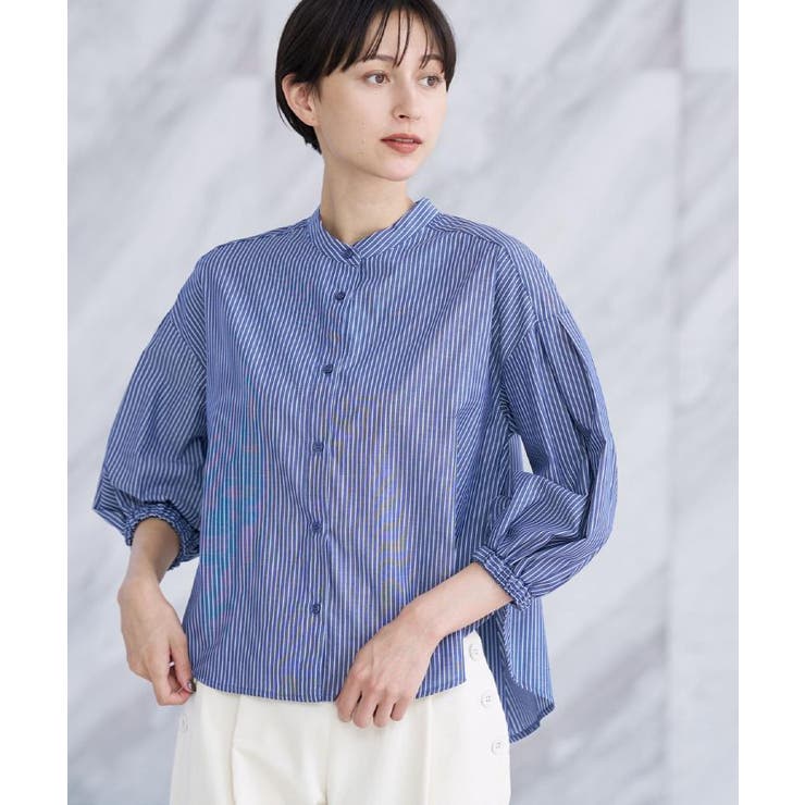 【洗える】ストライプギャザー袖ブラウス | Dessin | 詳細画像14 