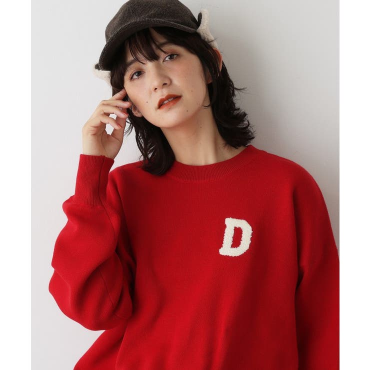 レッド(063) | 【洗える】Dサガラ刺繍ワッペン付きニット | Dessin