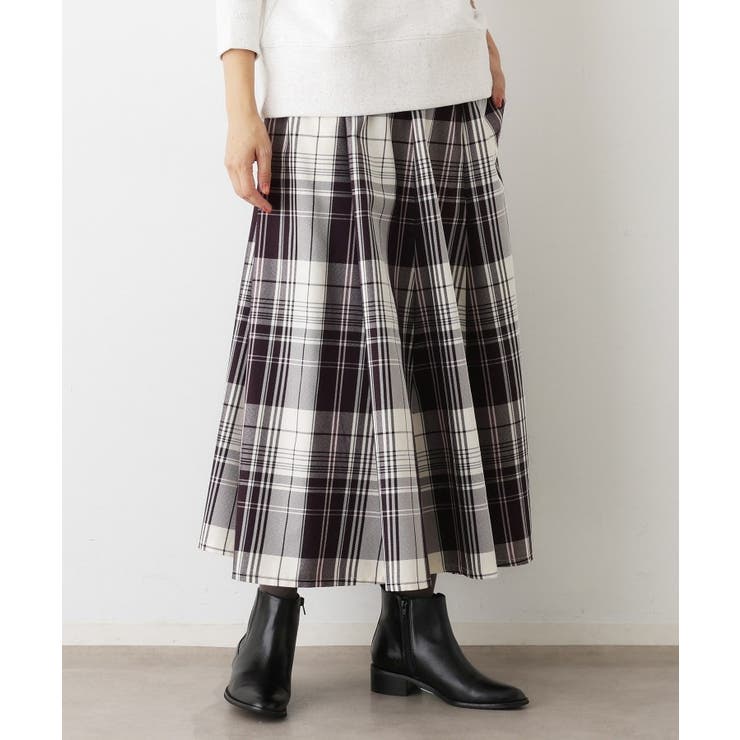 パープル(384) | 【洗える・ウエストゴム】チェック柄フレアスカート | Dessin