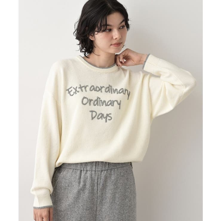 【洗える】ペイント風刺繍入り配色ラインニット | Dessin | 詳細画像2 