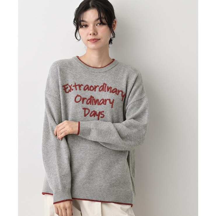 グレー(012) | 【洗える】ペイント風刺繍入り配色ラインニット | Dessin