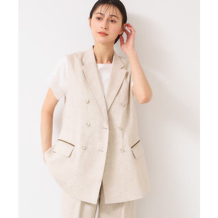 ベージュ(052) | 【セットアップ可能・洗える】リネンスリーブレスジャケット | Dessin