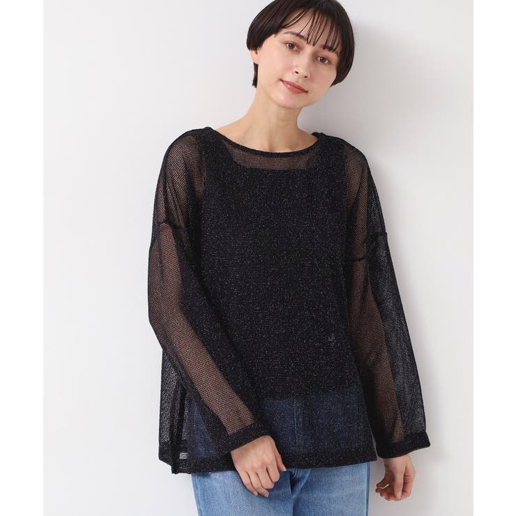 ブラック(019) | 【前後2WAY・洗える】ラメ入りオーバーサイズメッシュブラウス | Dessin