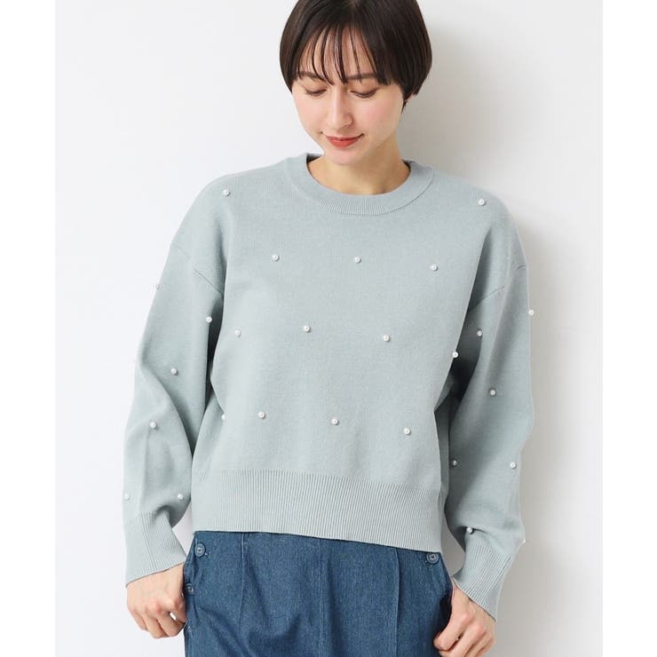 ブルー(091) | 【洗える】パール調付きクロップド丈ニット（S～L） | Dessin