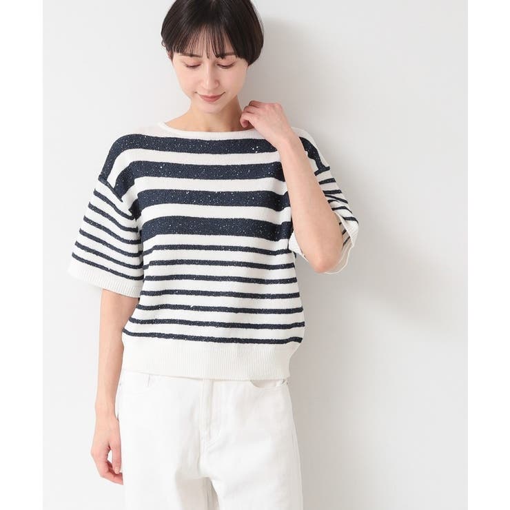 ネイビー(394) | 【洗える】スパンコールラメボーダーニット | Dessin