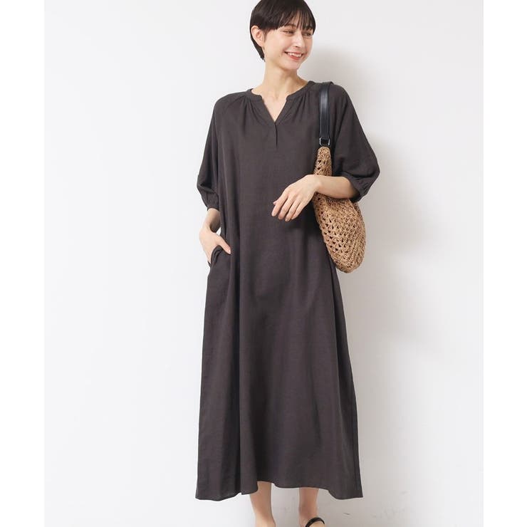 ブラウン(044) | 【洗える】パフスリーブAラインワンピース（S～L） | Dessin