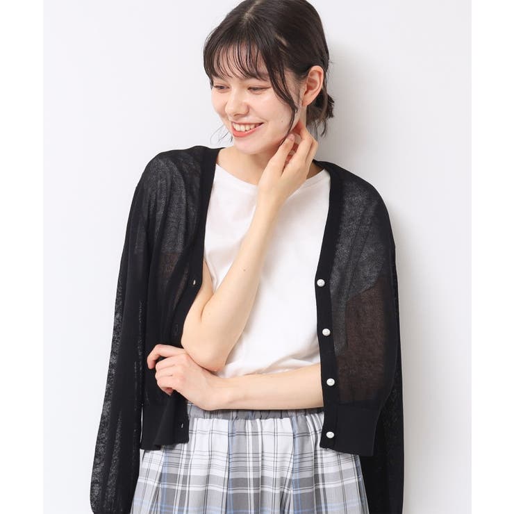 ブラック(019) | 【UVカット・洗える】パール調ボタンシアーカーディガン | Dessin