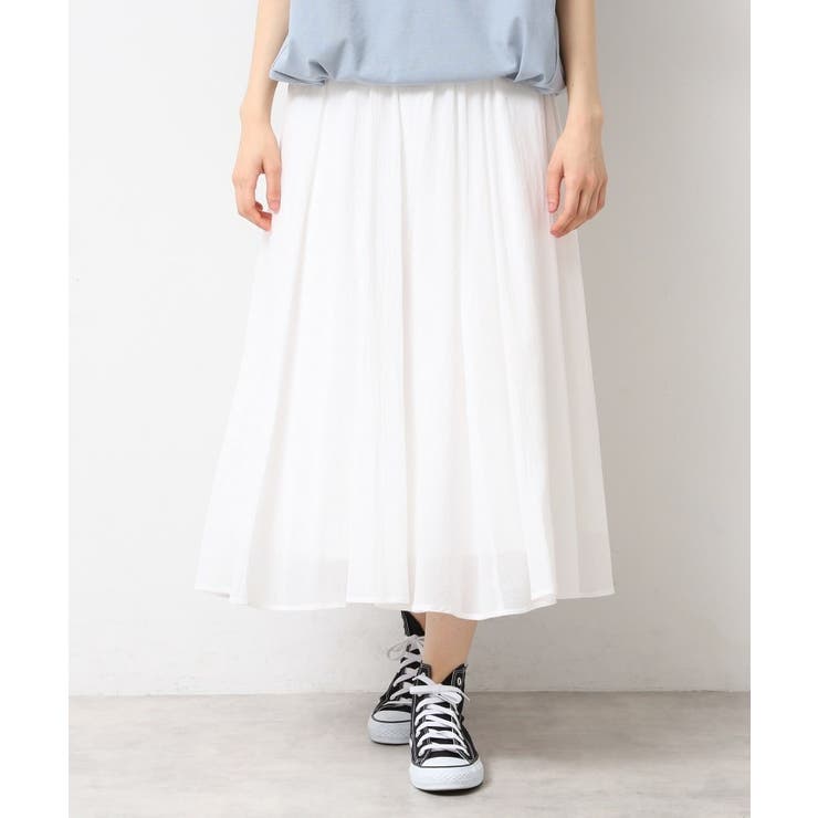 ホワイト(002) | 【ウエストゴム・洗える】コットンフレアースカート | Dessin