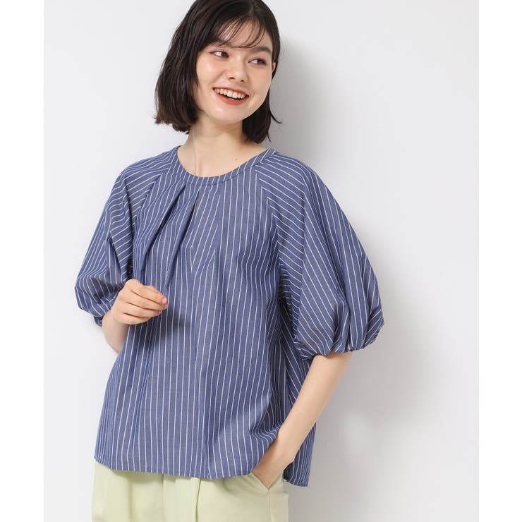 ブルー(393) | 【洗える】ギャザー入りバルーンスリーブブラウス | Dessin