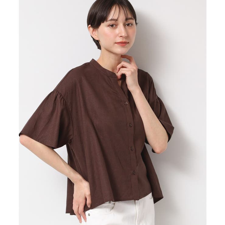 ブラウン(044) | 【二の腕カバー・洗える】リネンブレンド袖切り替えブラウス | Dessin