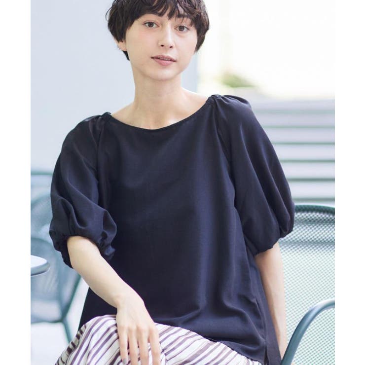 ブラック(019) | 【洗える】バッグギャザー入り五分袖ボリュームブラウス | Dessin