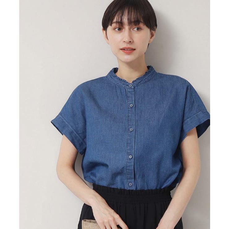 ブルー(092) | 【洗える】リネンブレンドデニムフリルシャツ | Dessin
