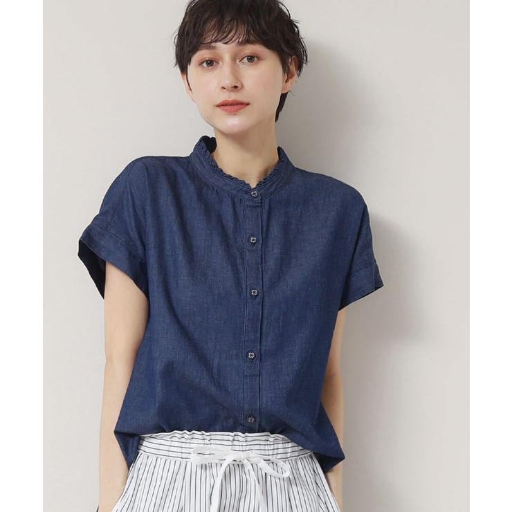 ネイビー(094) | 【洗える】リネンブレンドデニムフリルシャツ | Dessin
