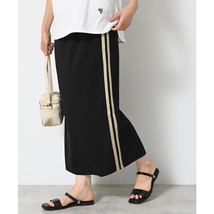 ブラック(019) | 【ウエストゴム・洗える】カットジョーゼットライン入りタイトスカート | Dessin