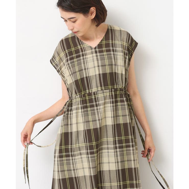 ブラウン(243) | 【リンクコーデ・洗える】ウエストドロスト付きチェック柄ワンピース | Dessin