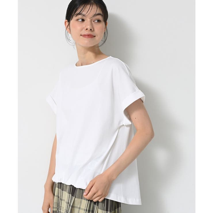 ホワイト(001) | 【二の腕カバー／UVカット】ロールアップスリーブ裾ギャザーカットソー | Dessin