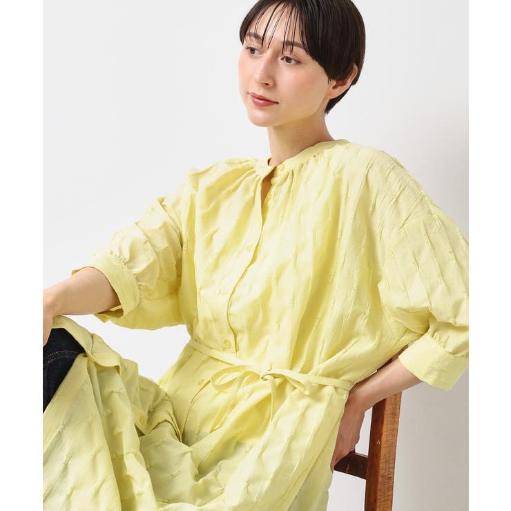 ライトイエロー(030) | 【洗える／五分袖】ジャガードワンピース | Dessin