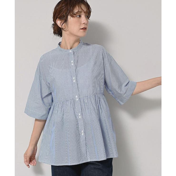 ブルー(391) | 【洗える／体型カバー】バンドカラーペプラムブラウス | Dessin