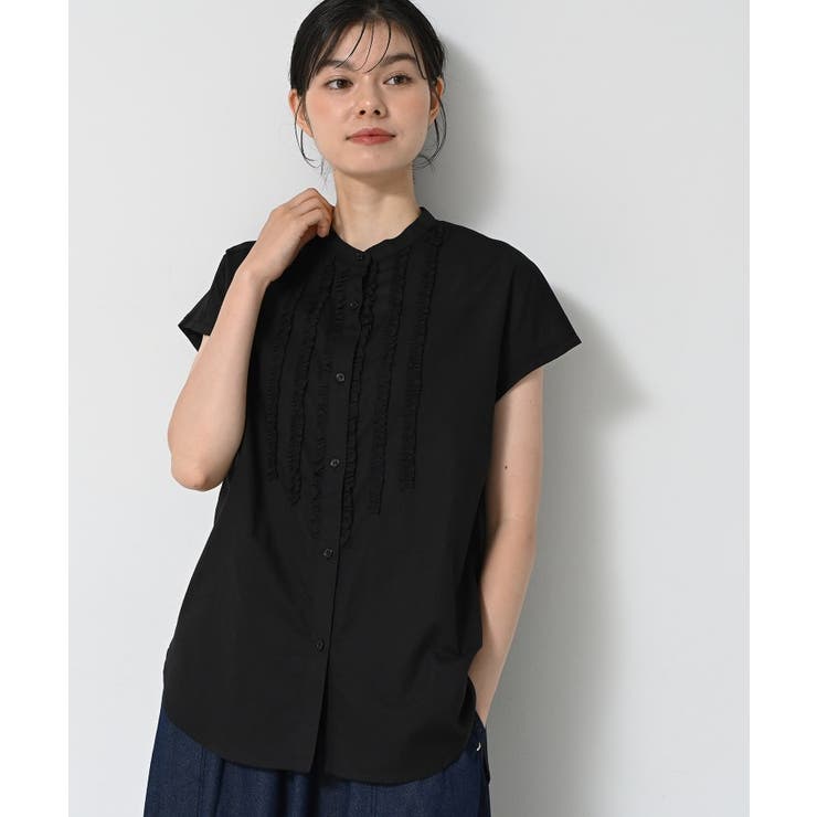 ブラック(019) | 【洗える】スタンドカラーフリルブラウス | Dessin