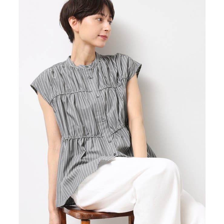 チャコールグレー(314) | 【洗える】ストライプ柄ギャザーブラウス | Dessin