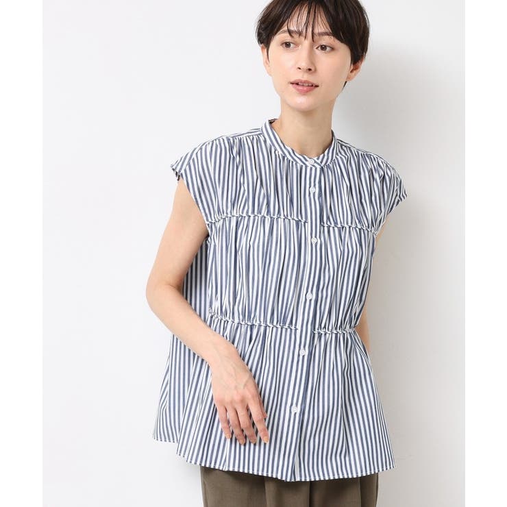 ネイビー(395) | 【洗える】ストライプ柄ギャザーブラウス | Dessin