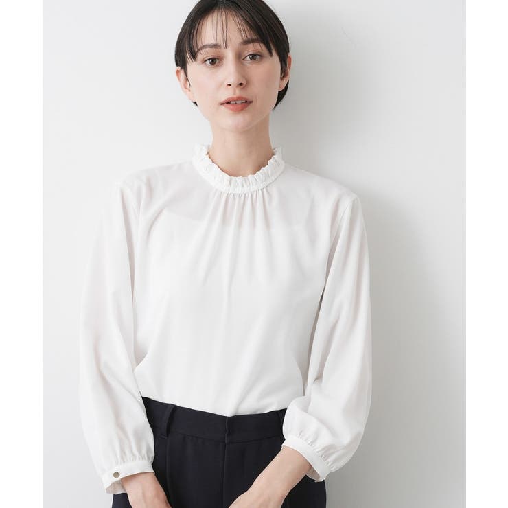 ホワイト(001) | 【入卒/セレモニー/洗える】フリルネックジョーゼットブラウス | Dessin