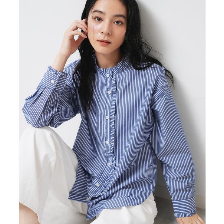 ブルー(392) | 【洗える】フリルネックブラウス | Dessin