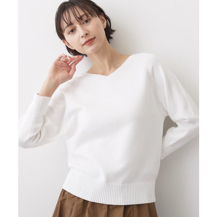 ホワイト(002) | 【洗える】コットンVネックニット | Dessin