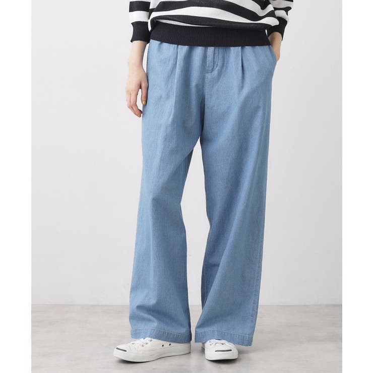 サックスブルー(090) | 【洗える】綿麻ドロストライトデニムパンツ | Dessin