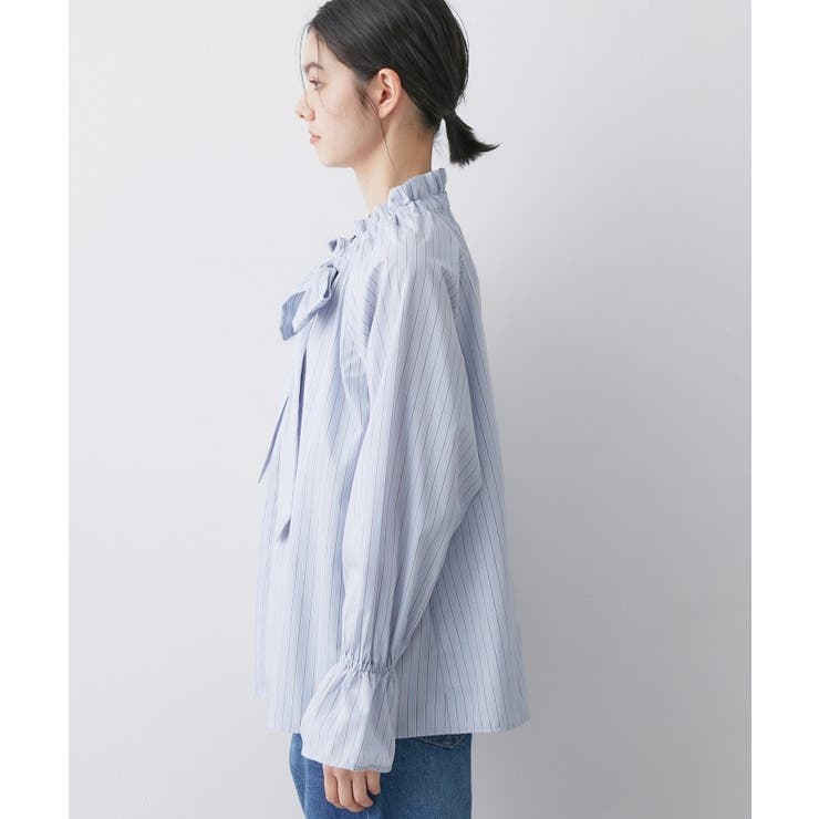 【洗える】フリルボウタイストライプブラウス | Dessin | 詳細画像14 