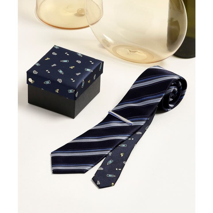 ネイビーストライプ(393) | 【お酒柄】ブルーネクタイ＆タイバー BOXセット | TAKEO KIKUCHI