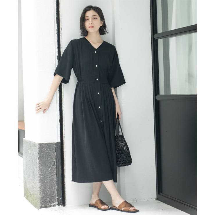 ブラック(019) | シャーリングフィット&フレアワンピース【洗濯機洗い可】 | OPAQUE.CLIP