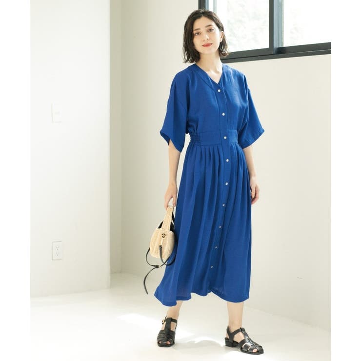 ブルー(093) | シャーリングフィット&フレアワンピース【洗濯機洗い可】 | OPAQUE.CLIP