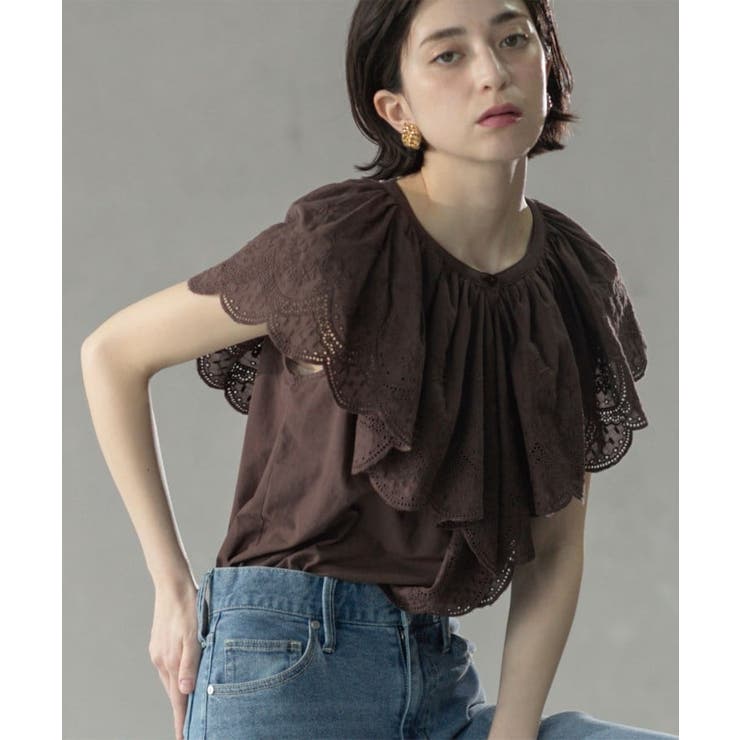ブラウン(044) | 刺繍レースカラーブラウス | OPAQUE.CLIP