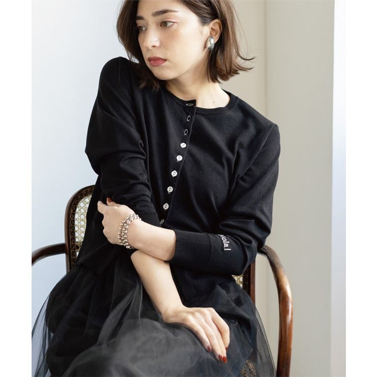 ブラック(019) | 多ボタン 袖口刺繍クルーネックカーディガン | OPAQUE.CLIP