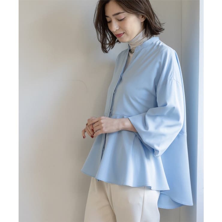 サックスブルー(090) | バイカラーアソート ペプラム前あきブラウス | OPAQUE.CLIP