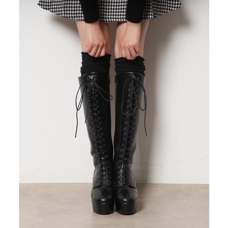 ブラック(019) | 【ラク盛り／ロングブーツ】リピーター続出／脚長美脚 レースアップロングブーツ | ESPERANZA