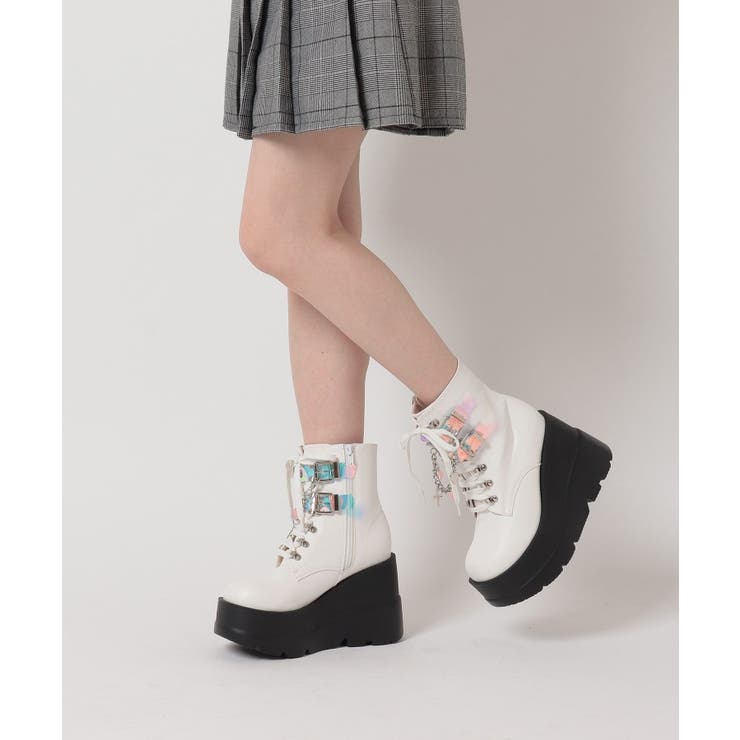 demonia オーロラ ピンク ロングブーツ 厚底オーロラベルト付きレース