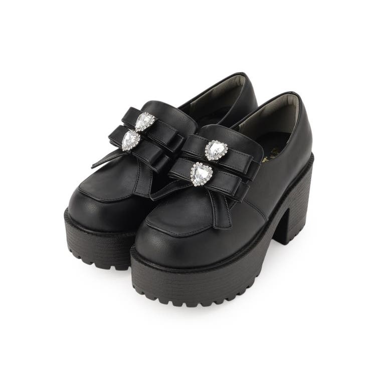 ビジューハート付ダブルリボン厚底パンプス[品番：WRDW0203479