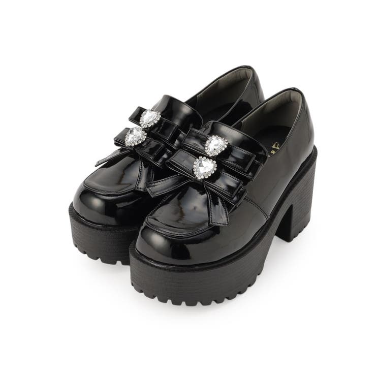 ビジューハート付ダブルリボン厚底パンプス[品番：WRDW0203479