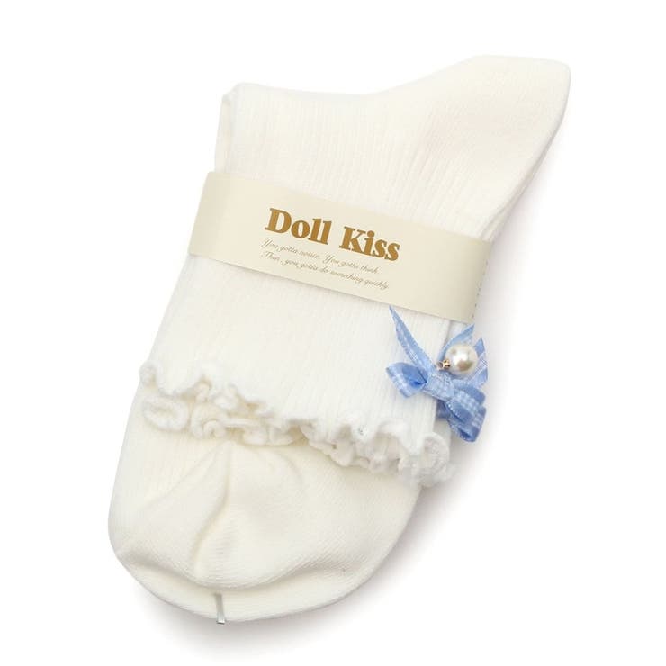 アイボリー/ブルー(192) | 13色展開リボン付きメローリブクルーソックス 靴下 | ESPERANZA