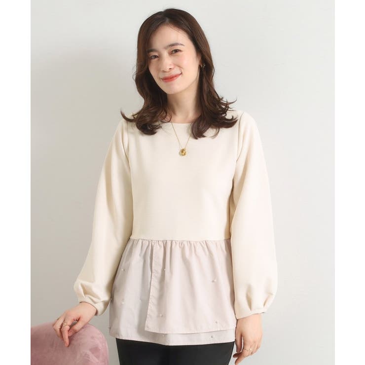 ライトベージュ(051) | 【手洗い可】異素材切替リップルプルオーバー | ITS'DEMO