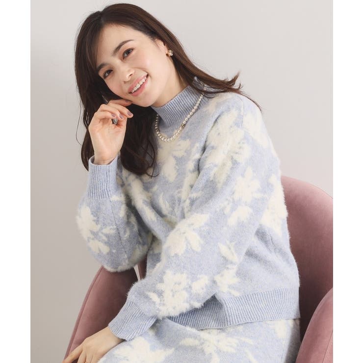 サックスブルー(090) | 【手洗い可／セットアップ可】花柄フェザージャカードニット | ITS'DEMO