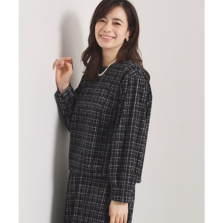 ブラック(119) | 【手洗い可／セットアップ可】ツイード風プリントブラウス | ITS'DEMO