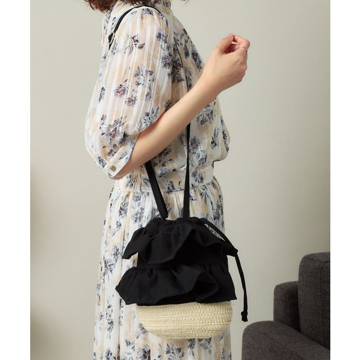 ブラック(019) | 雑材フリルコンビ巾着ショルダー | ITS'DEMO