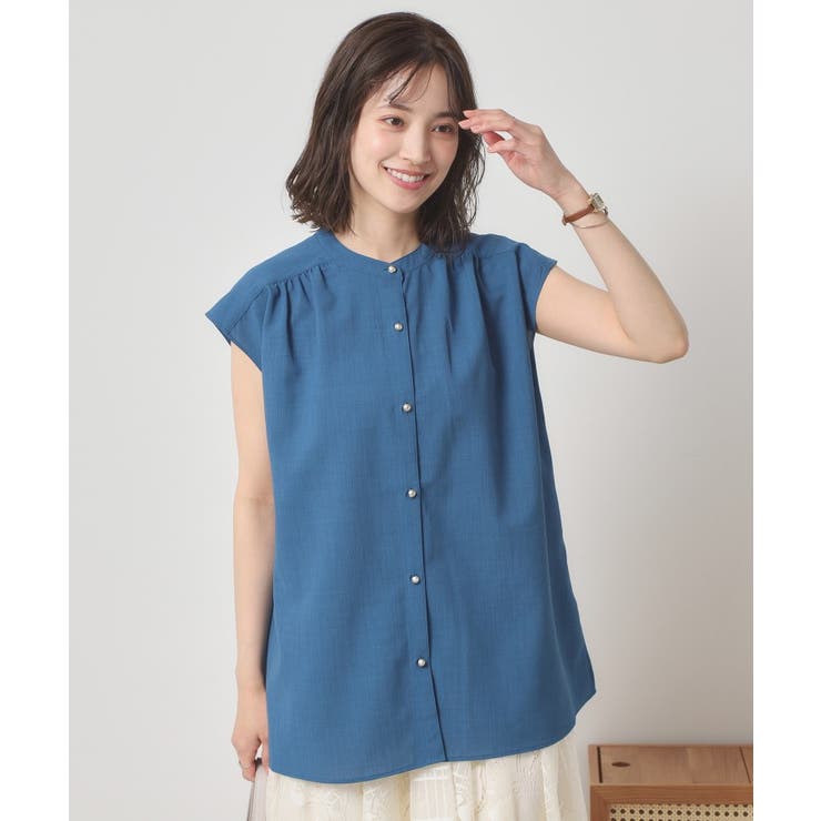 ブルーグリーン(097) | 【清涼感／手洗い可】麻調前開きブラウス | ITS'DEMO