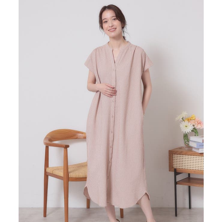 ベージュ(052) | 【洗濯機OK／洗濯後しわになりにくい】カットサッカー前開きワンピース | ITS'DEMO